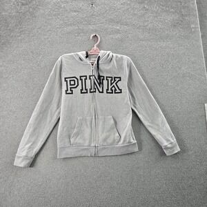 PINK Victoria's Secret Women Hoodie M Gray Fleece Logo Spellout Activewear